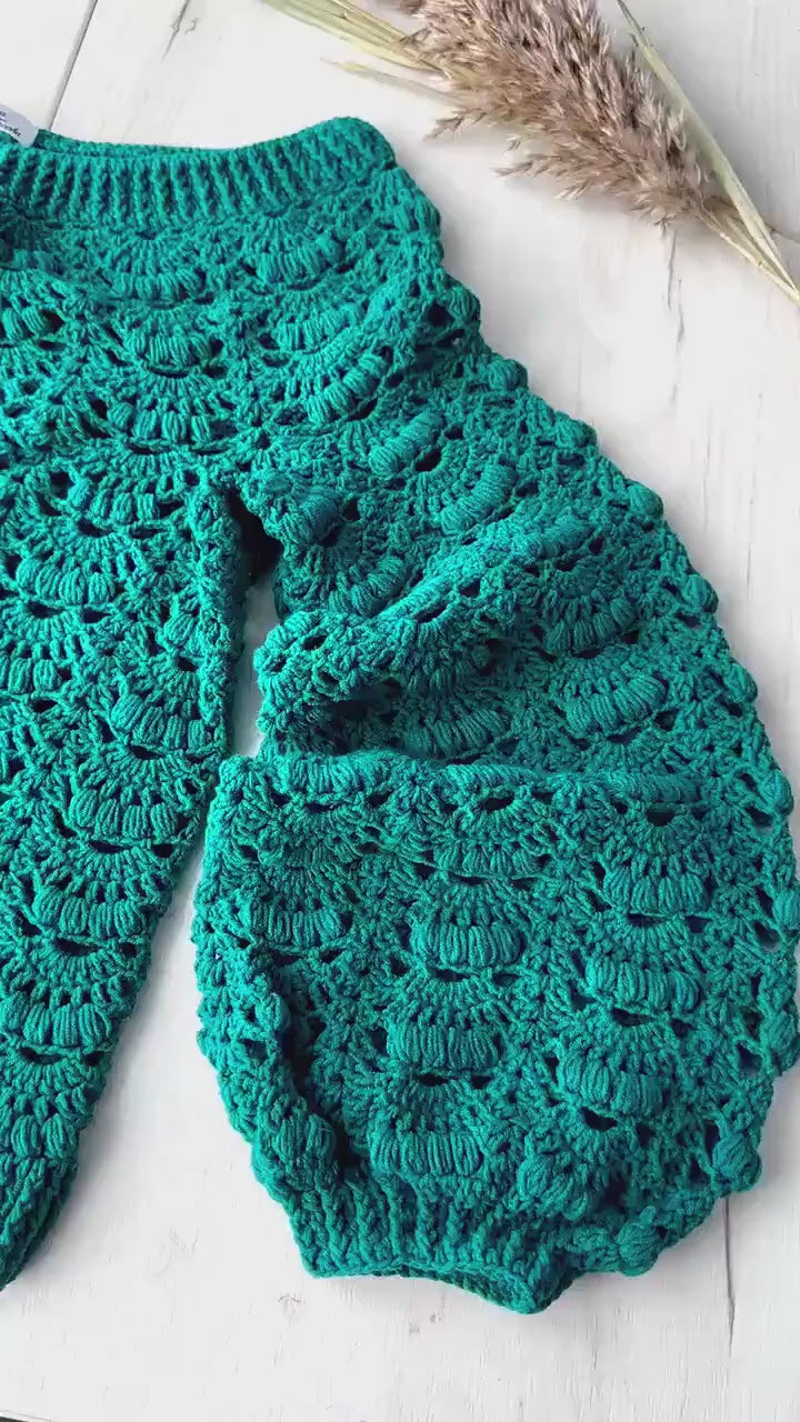 Knit green one shoulder pulover sweater Сrochet cotton blouse Crochet boho emerald sweater Sweater open shoulders summer sweater women