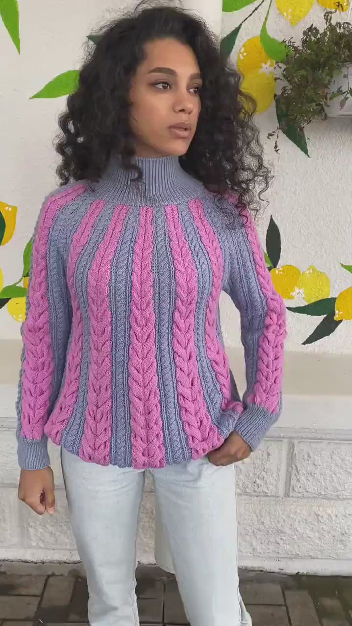 Chunky knit wool sweater braids for women Pink gray blue turtleneck sweatshirt Oversized pullover merino wool cotton Sweater high collar