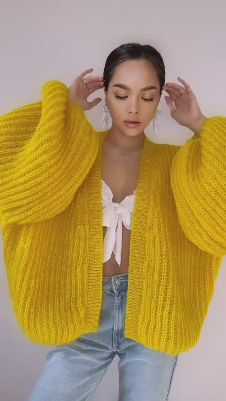 Mohair hand knit cardigan Yellow wonen Lemon Bright cardigan sweater knitted coat Jacket Women Bridal shrug bolero wool Fluffy short card