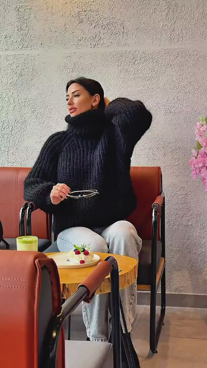 Mohair cable knit black hand knit sweater large turtleneck Gender-Neutral Adult Pullover Fluffy chunky high collar oversized big sweater