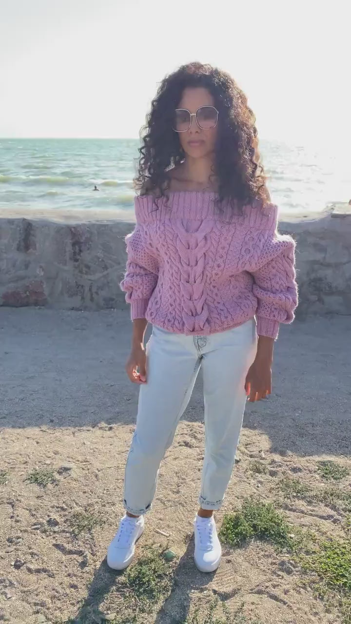 Pink pastel hand knit alpaca wool/merino sweater woman Cable hand knit sweater Loose pastel pullover Oversize chunky knit bulky off shoulder