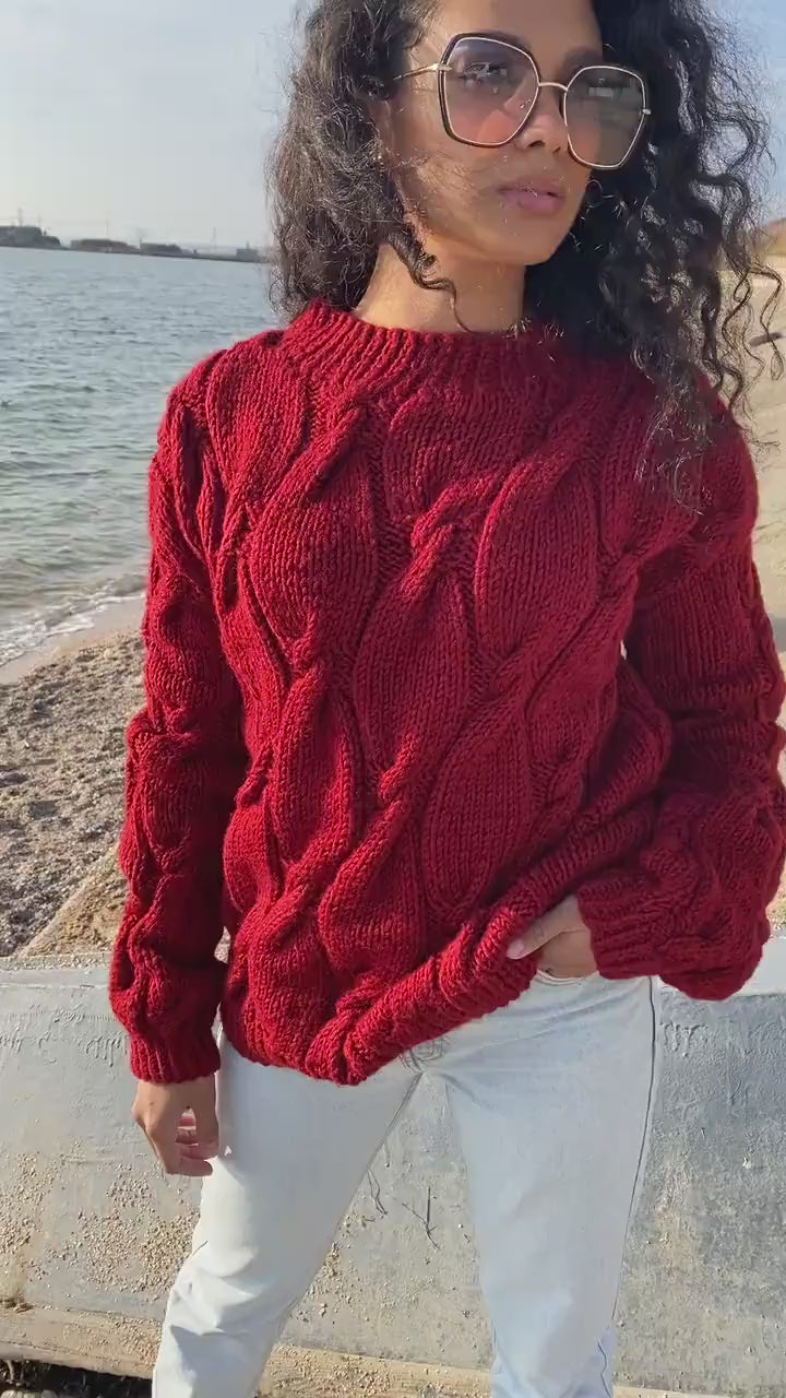 Chunky knit sweater Red sweater Oversized sweater Braids sweater Cable knit sweater burgundy sweater Women Knitwear turtleneck unique gifts