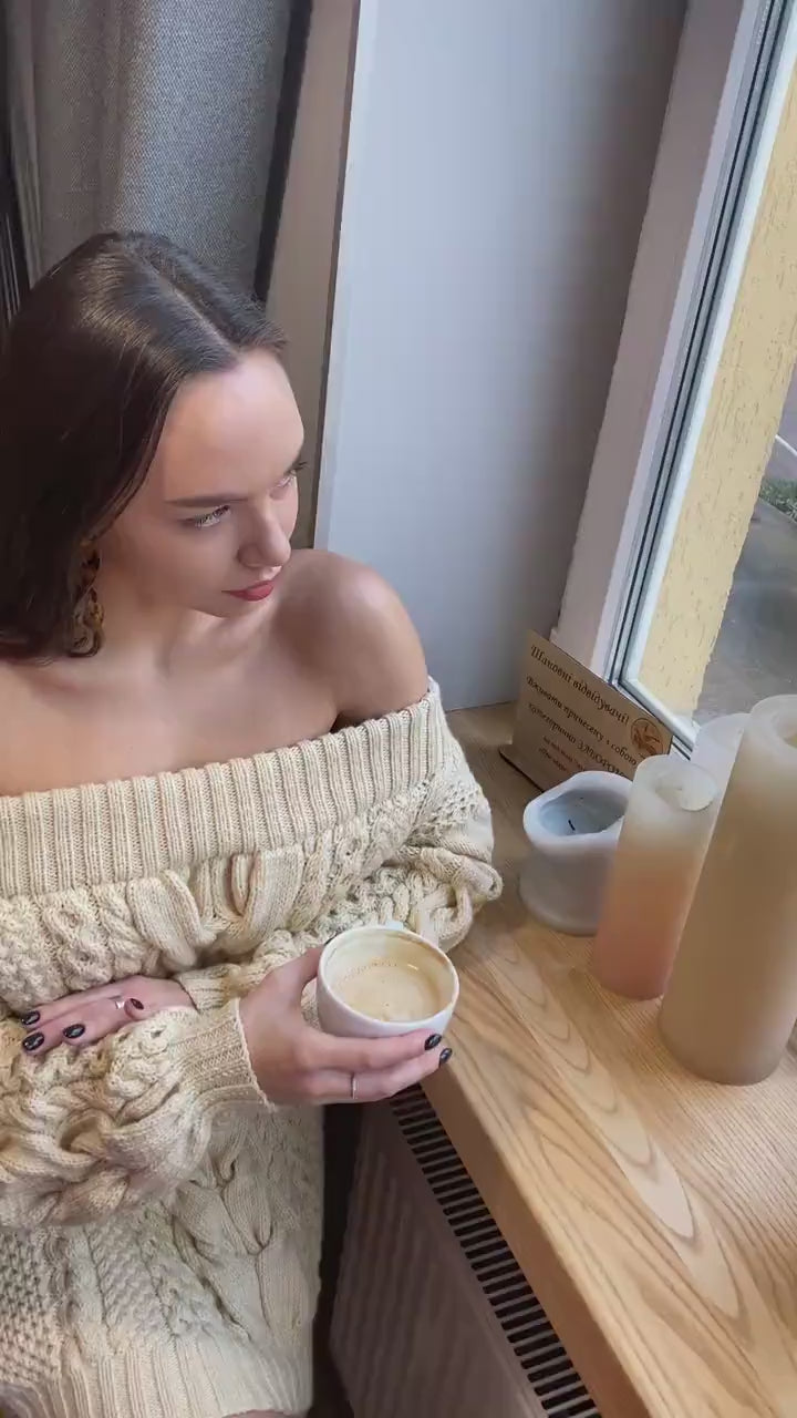 Hand knit  merino wool mixture sweater dress Pastel cream off shoulder sweater Knitted jumpsuit dress sweater Loose knit jumper Eco pullover