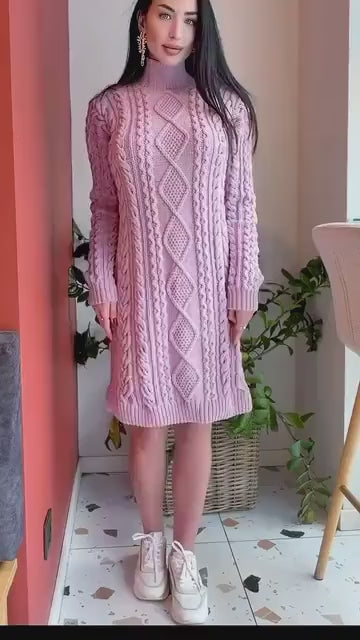Merino wool hand knit light lilac sweater dress turtleneck Cable knit large sweater Oversize cozy knit dress high collar Women Chunky knit