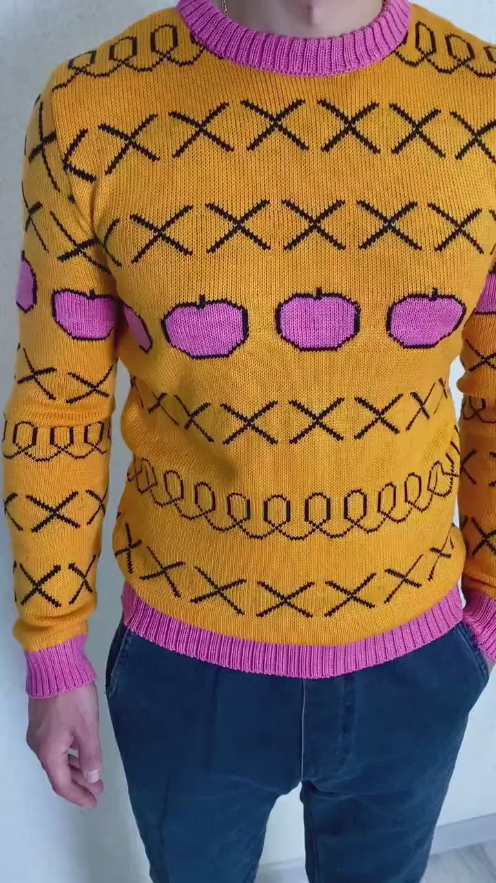 Hand knit yellow sweater Yellow pink orange X knit apples pullover Men’s knitted sweater Pink apples