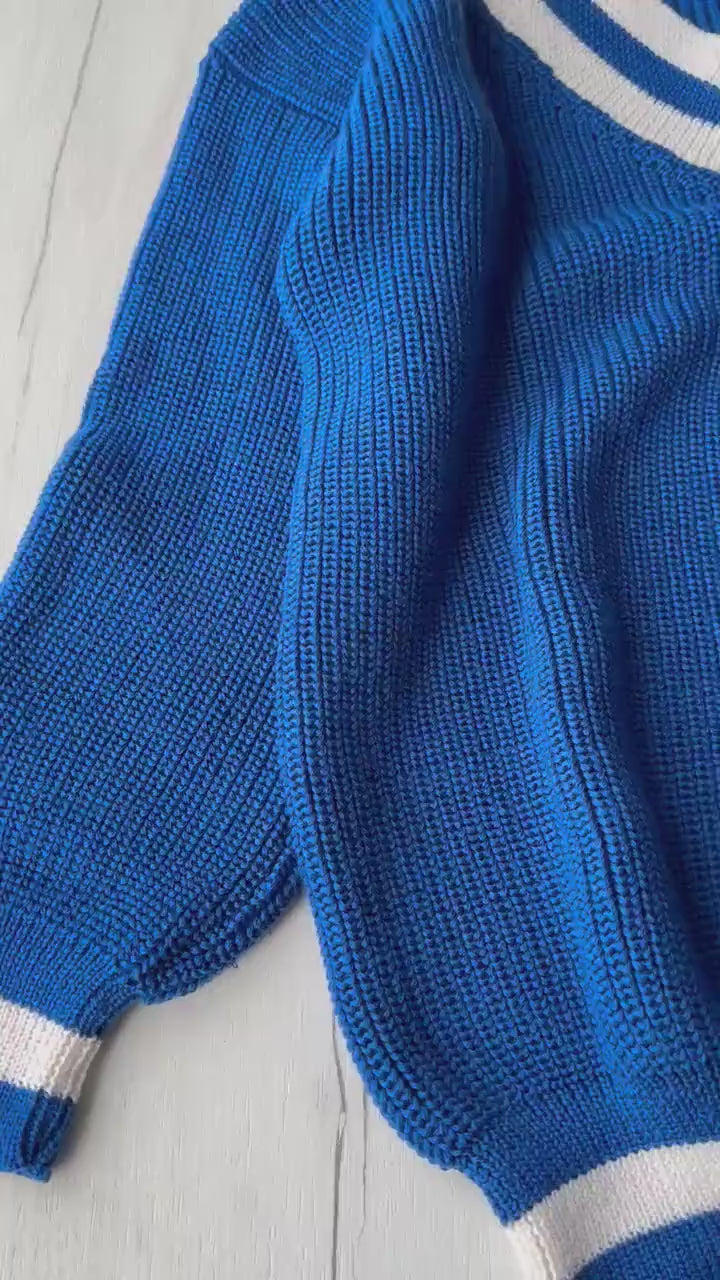 Knitted merino wool V neck Blue White sweater women Blue merino knit pullover Bright sweater  Womens Chunky knit oversize pullover