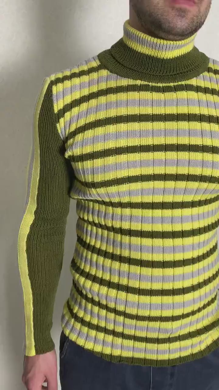 Knit wool turtleneck mens womens Khaki sweater for mens Striped jumper high collar Green yellow gray turtleneck mens Fine-knit Turtleneck