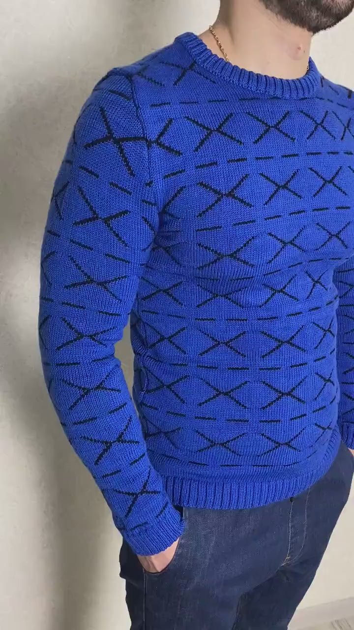 Funny printed hand knitted X sweater Blue Black Cross Pullover Merino wool mens sweater Striped sweater Round collar  Funny gift for him