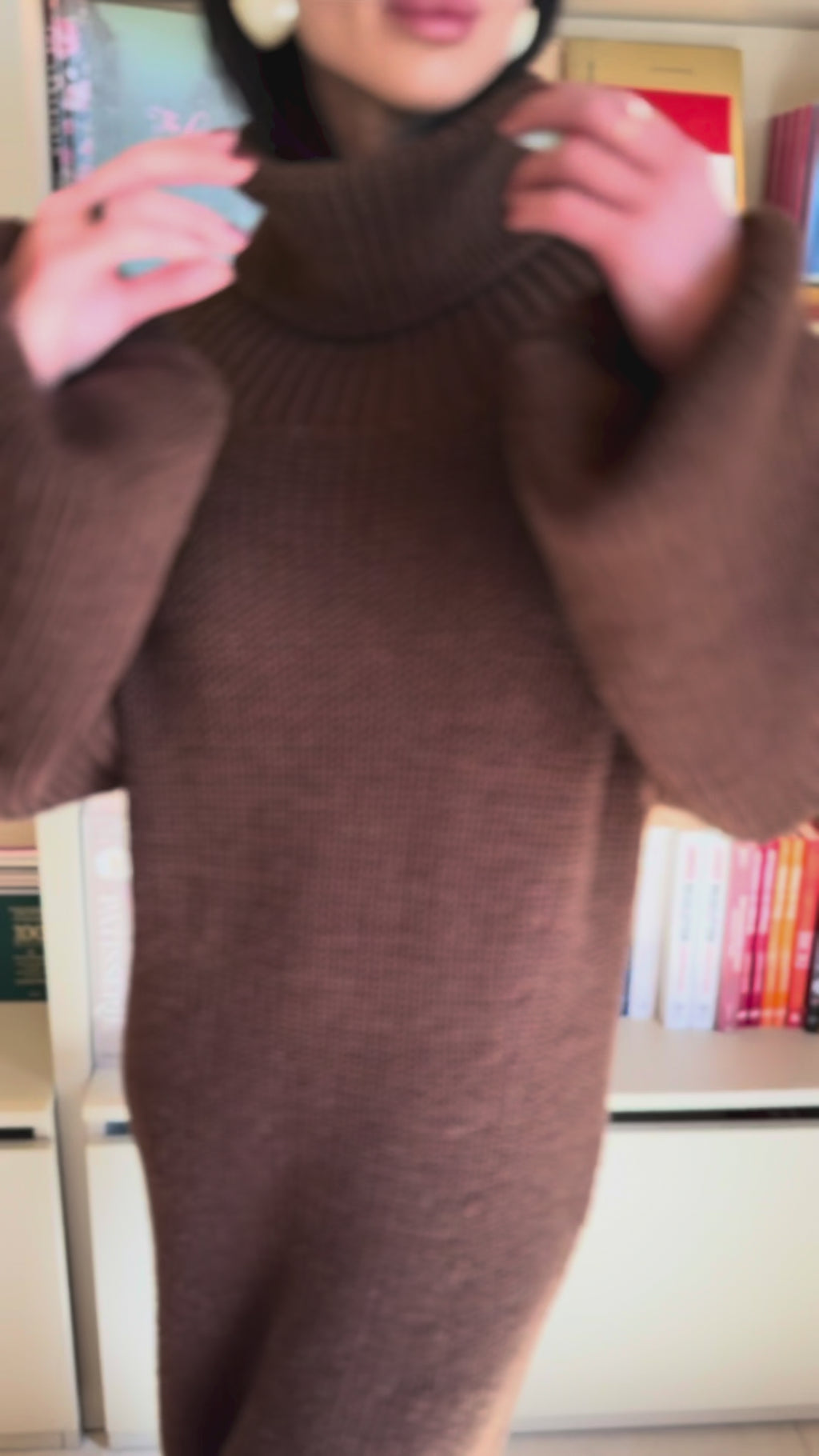 Brown Merino Wool Maxi Dress Chunky Knit Large Turtleneck Dress Oversized Sweater Dress Women Cozy Winter Long Knit Dress, Minimalist Outfit