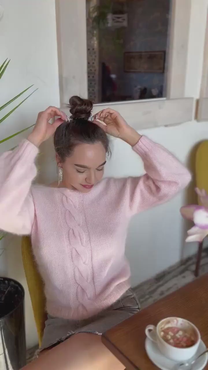 Light pink angora sweater Open back Deep neckline Knit Pastel fluffy angora pullover Loose fit oversized V-neck Top long sleevs Cozy gift