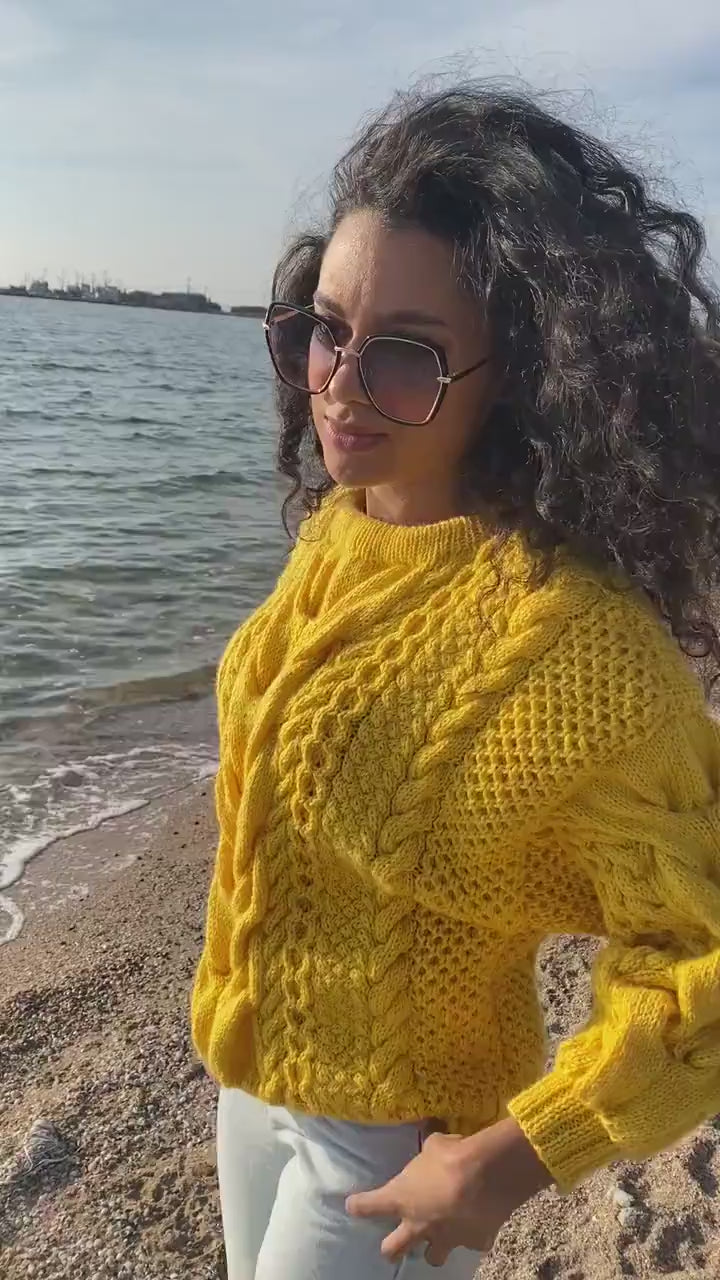 Hand knitted yellow sweater soft wool for women Oversized women’s knit jersey Three-quarter sleeve Chunky lemon sweater