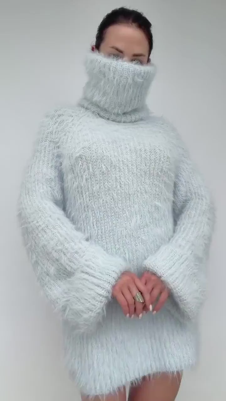 Hand Knit Merino Wool Large Turtleneck Sweater Dress Chunky Fluffy Oversized Pullover Soft Light Blue High Collar Winter Sweater