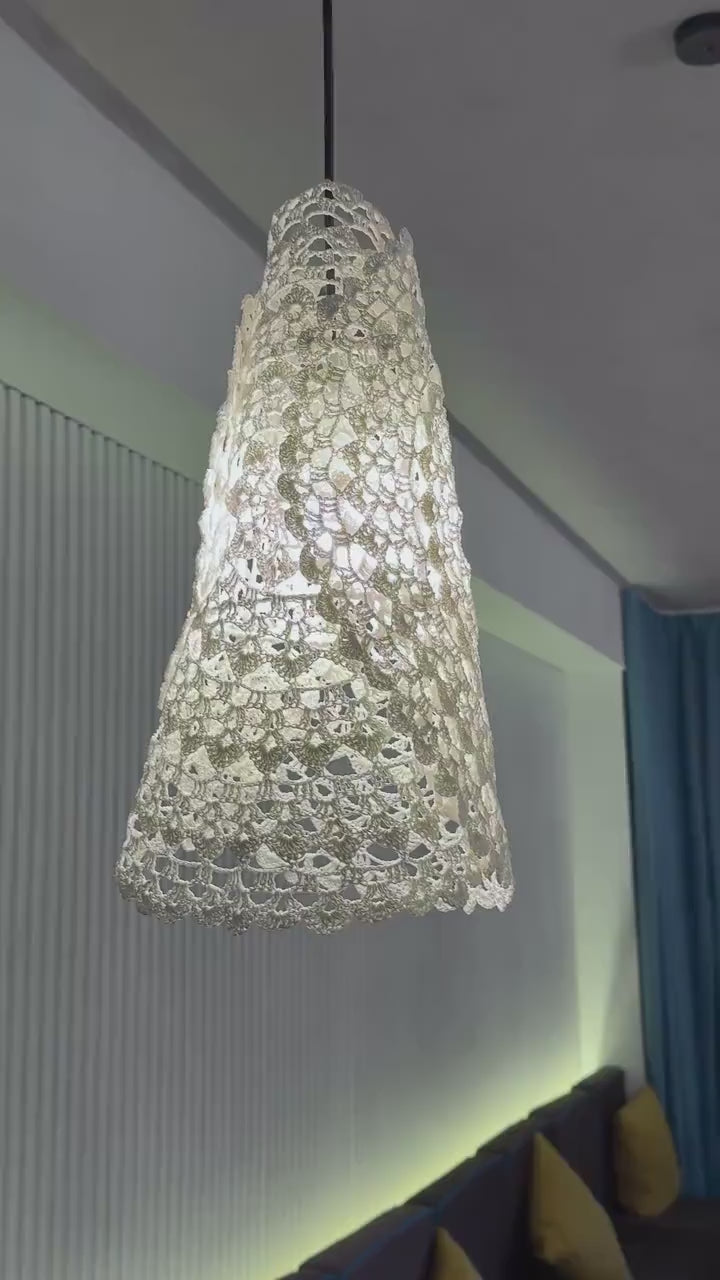 Crochet Lights Boho Light Pendant Crochet White Cream Frame Lampshade Fringe Crochet Chandelier Handmade Suspension Light Fiesta Lampshade