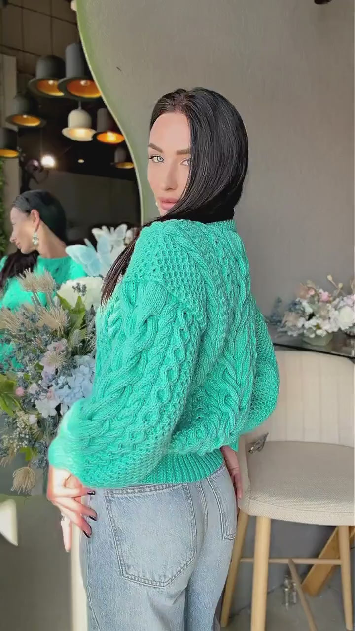 Merino wool hand knit blue turquoise merino cable knit sweater women jumper Loose chunky knit Scandinavian cable knit pullover