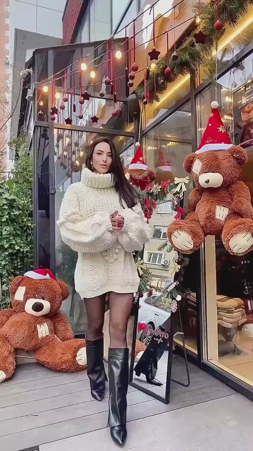 Big alpaca wool hand knit White Milk sweater dress turtleneck Cable knit high collar big sweater Chunky knitted Super Bulky Sweater dress