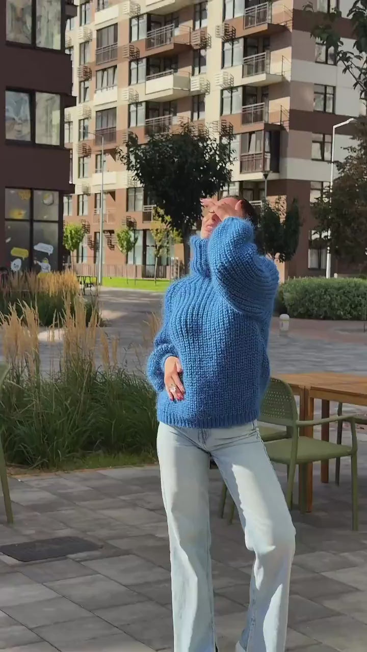 Mohair cable knit blue sweater large turtleneck Hand knit fluffy chunky high collar oversized big sweater